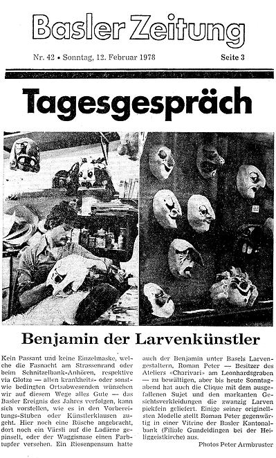 Ein Zeitungsausschnitt aus dem Jahr 1987 der Basler Zeitung. Der Artikel auf dem Scan handelt vom Larvenmacher Roman Peter und seinem Larven Atelier Charivari.