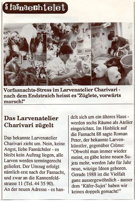 Ein Zeitungsausschnit aus dem Magazin Créme. Der Artikel darauf erwähnt den Umzug des Larven Ateliers im Jahr 1988.