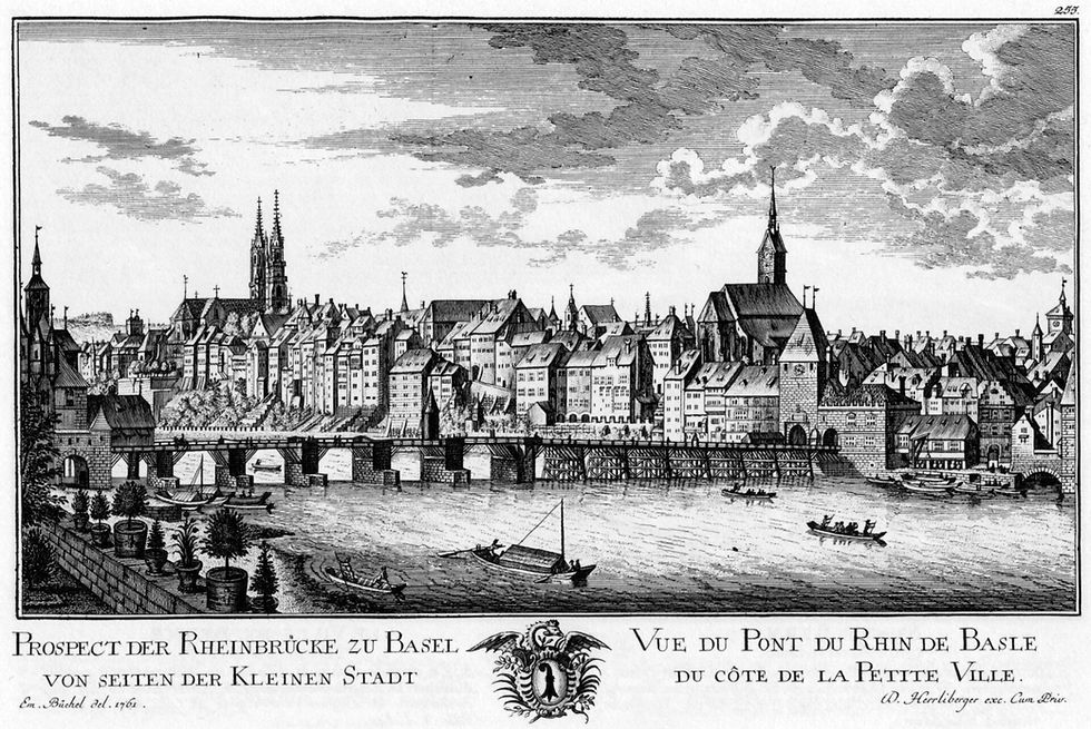 Historische Stadtansicht von Basel aus dem Jahr 1761 mit Blick auf die Stadt am Rhein, gestochen von David Herrliberger nach einer Zeichnung von Emanuel Büchel.