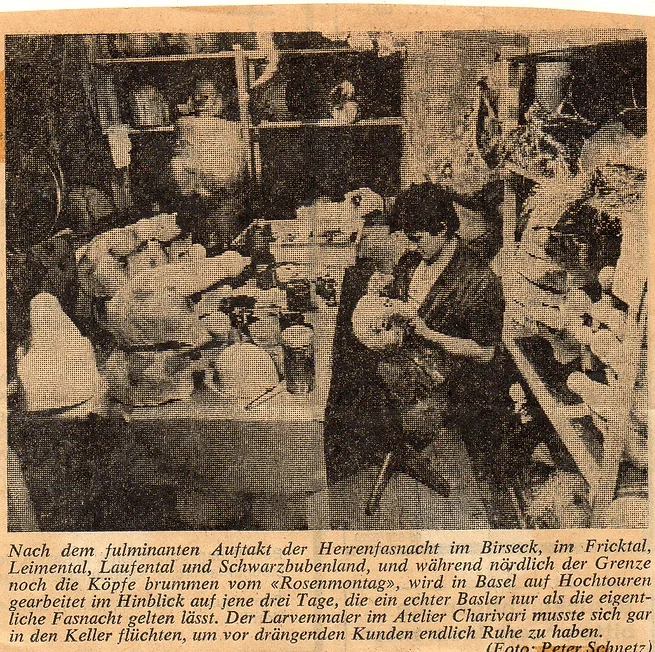 Zeitungsausschnitt der Basler Zeitung aus dem Jahr 1984 über Roman Peter und das Larven Atelier Charivari im Hinblick auf die Basler Fasnacht 1984.