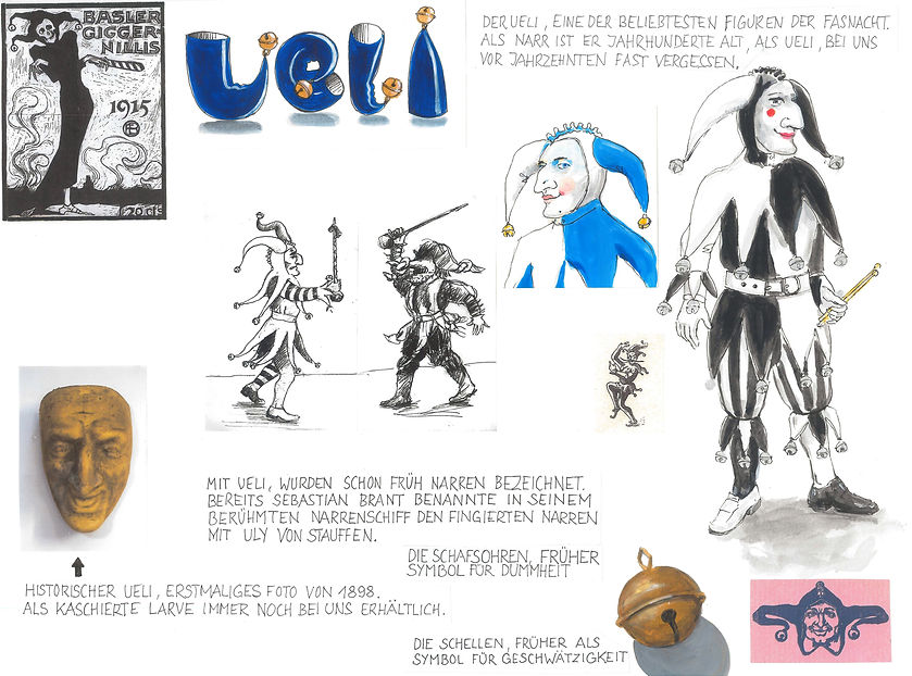Ueli - [Übersicht und Auflistung der klassischen Basler Fasnachtsfiguren] Der Ueli, eine der beliebstesten Figuren der Fasnacht. Als Narr ist er Jahrhunderte alt. Als Ueli, bei uns vor Jahrzehnten fast vergessen. (...)  [Larven Atelier Charivari. Seit 1976 Ihr Larvenmacher in Basel.]