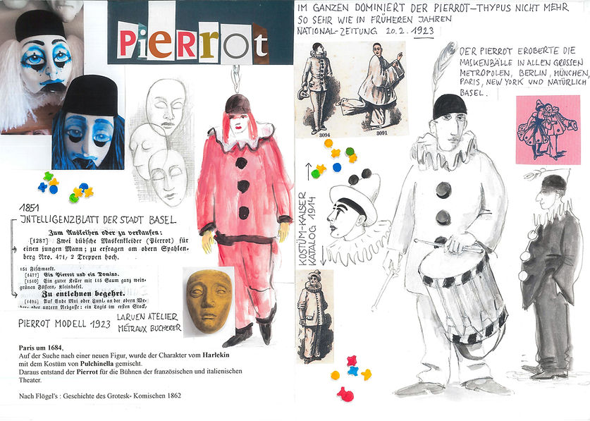 Pierrot - [Übersicht und Auflistung der klassischen Basler Fasnachtsfiguren] ...auf der Suche nach einer neuen Figur, wurde der Charater vom Harlekin mit dem Kostüm von Pulchinella gemischt. Daraus entstand der Pierrot für die Bhnen der französischen und italienischen Theater. Noah Flögel`s Geschichte des Grotesk-Komischen, 1862 (...)  [Larven Atelier Charivari. Seit 1976 Ihr Larvenmacher in Basel.]