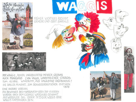 Übersichtstafel über Geschichte und Herkunft der klassischen Basler Fasnachtsfigur, dem Waggis.