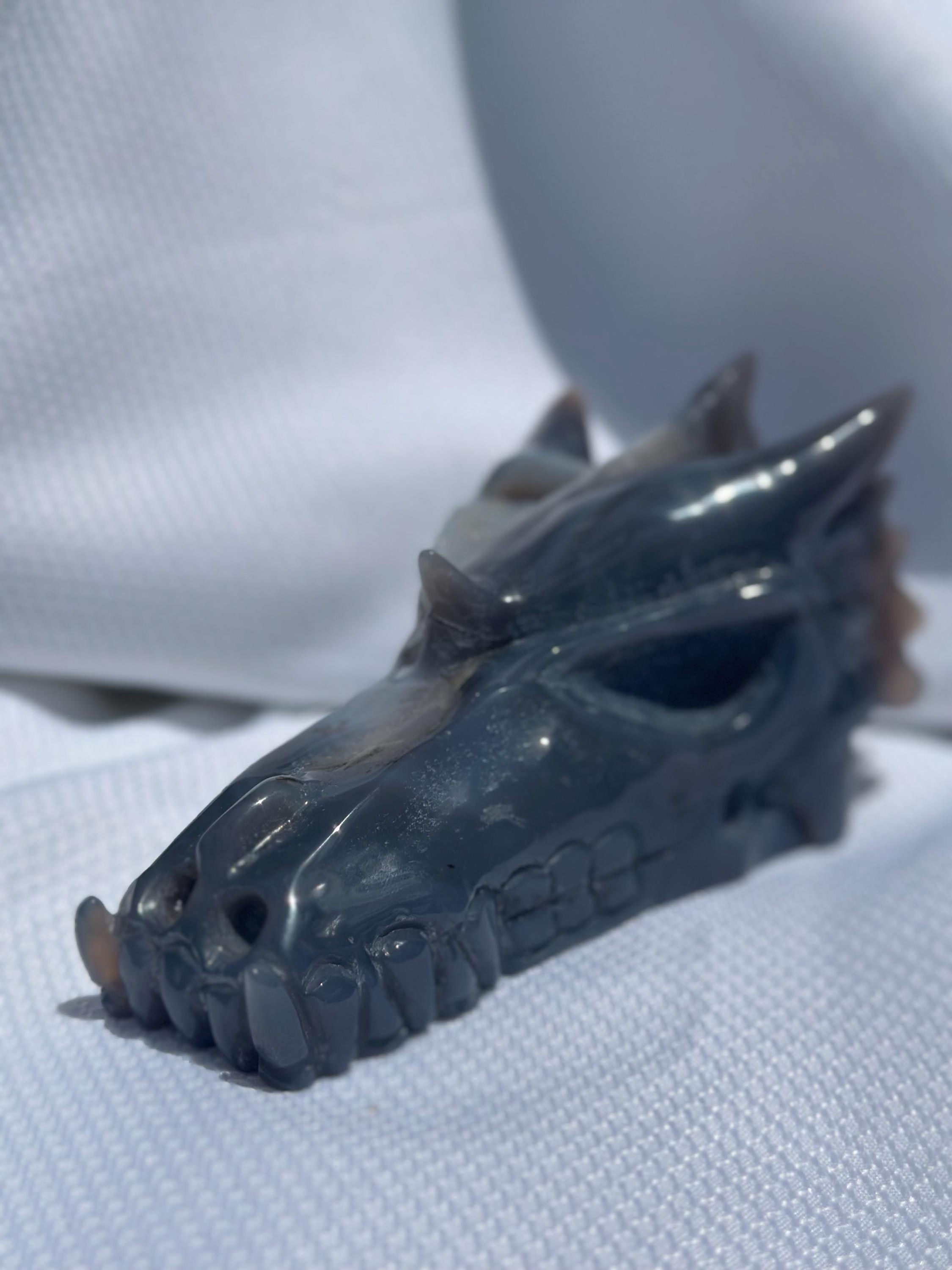 Agate Druzy Dragon Head | Hand | Carved Crystal Sculpture