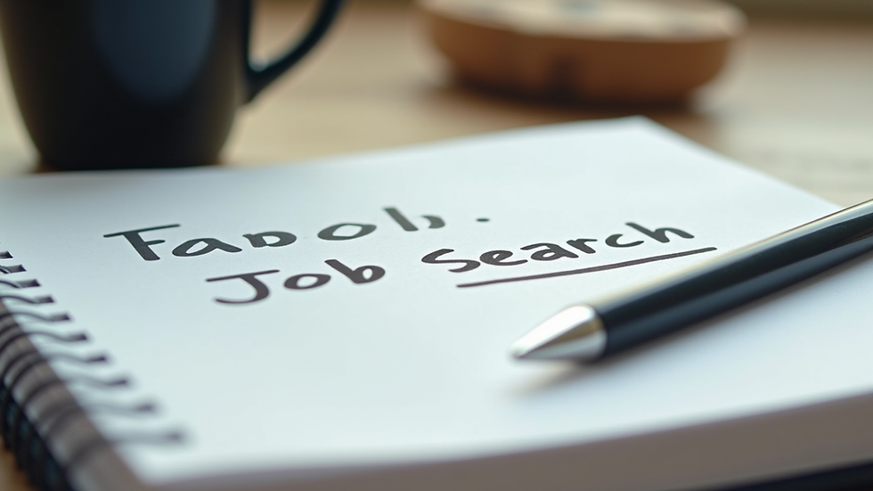 Close-up view of a notebook with job search notes and a pen