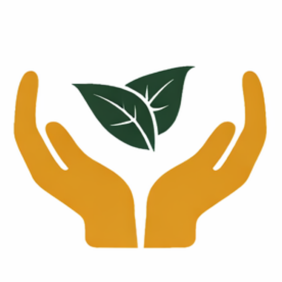 Gold hands open under two green tobacco leaves icon