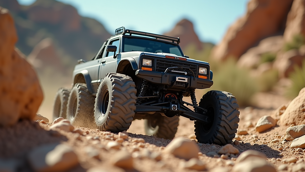 Close-up view of a rugged off-road RC truck climbing over rocks