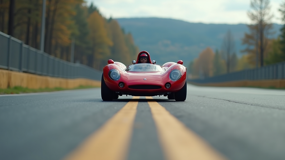 Eye-level view of a sleek red on-road RC car on a smooth track