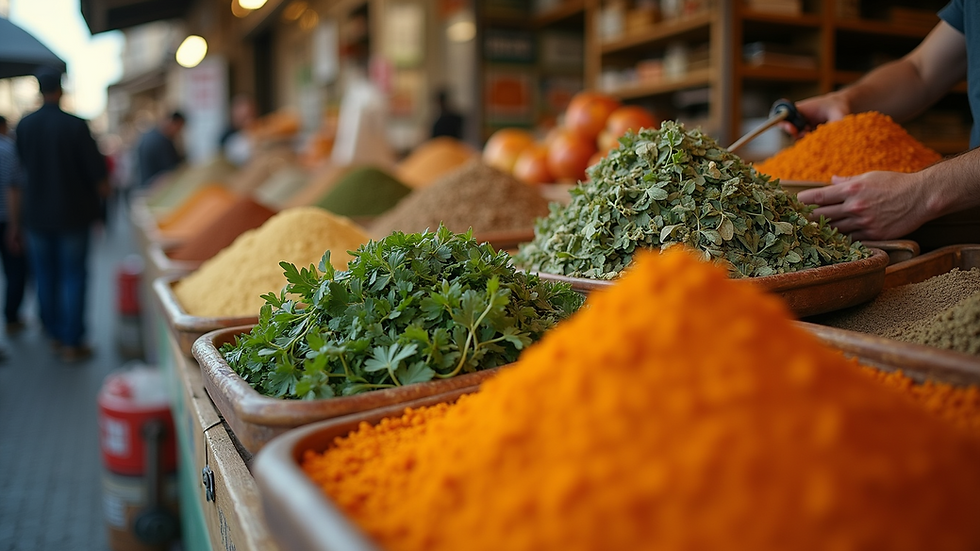 Eye-level view of spices and herbs at Mahane Yehuda Market