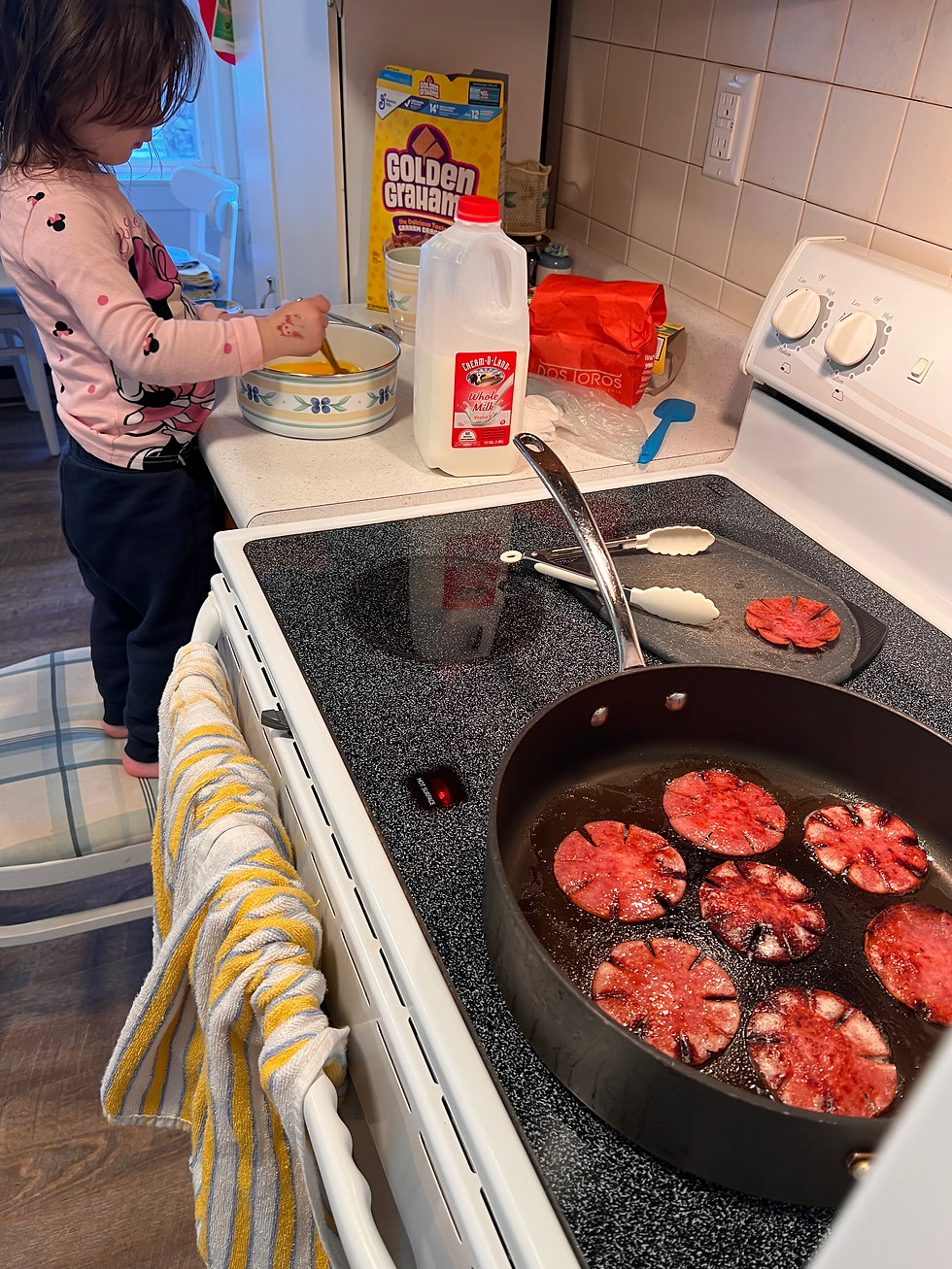 Margo makes a great Seuss chef. She’s already almost as good at cracking eggs as me and she’s a solid scrambler too.