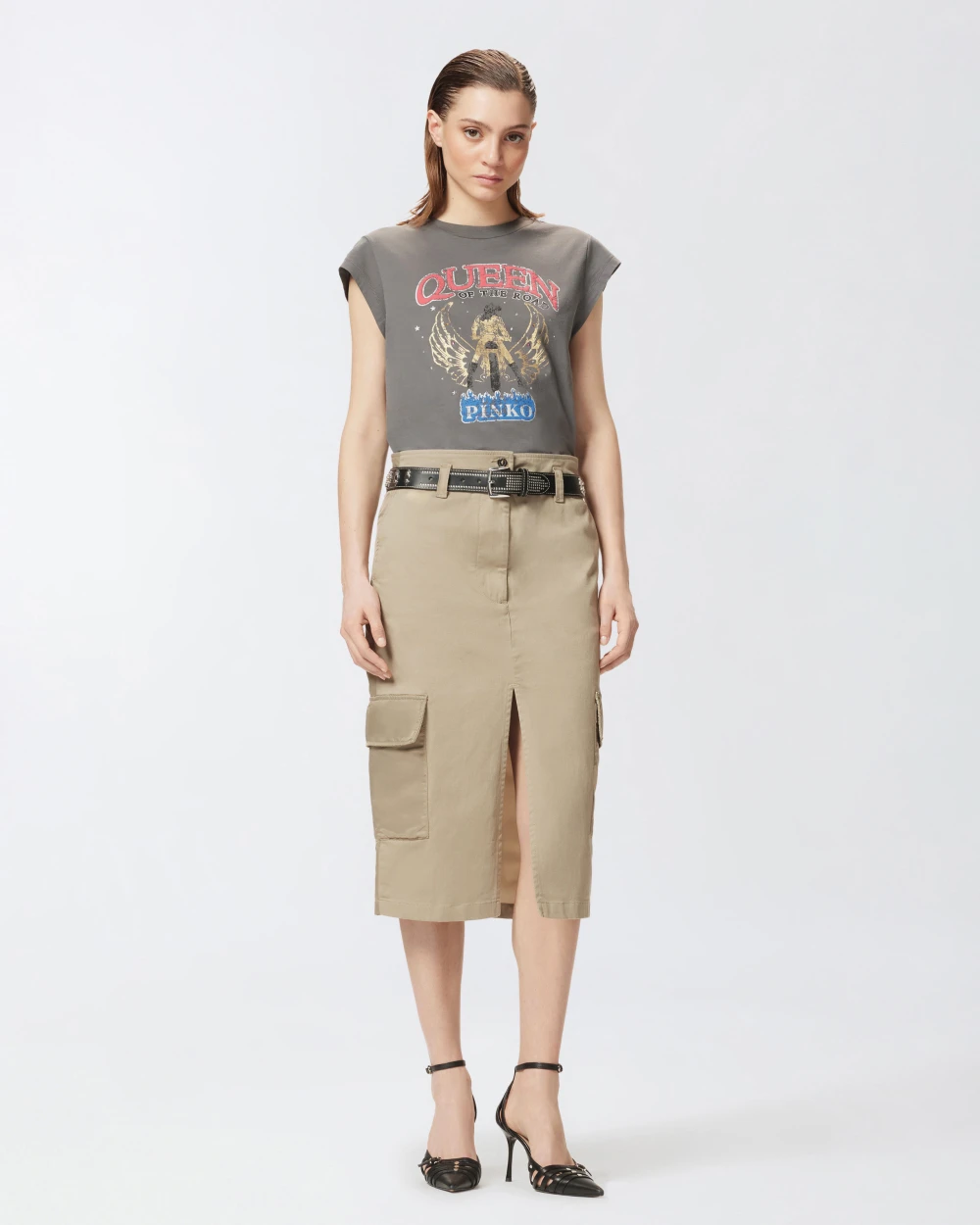 Falda hasta la rodilla de corte recto en gabardina de algodón elástico