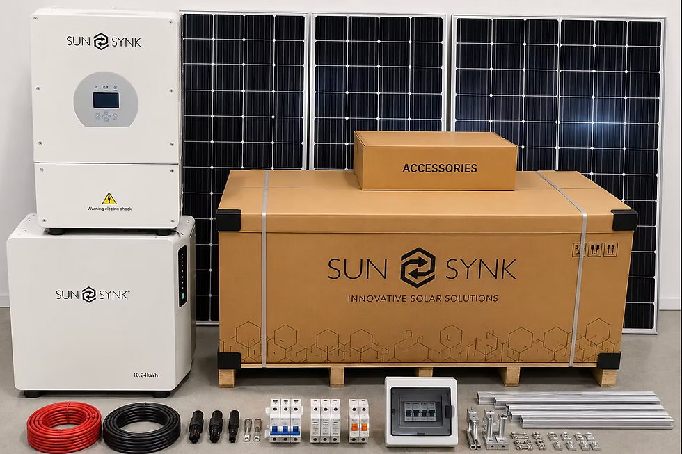 Sunsynk solar kit with panels, inverter, and battery.