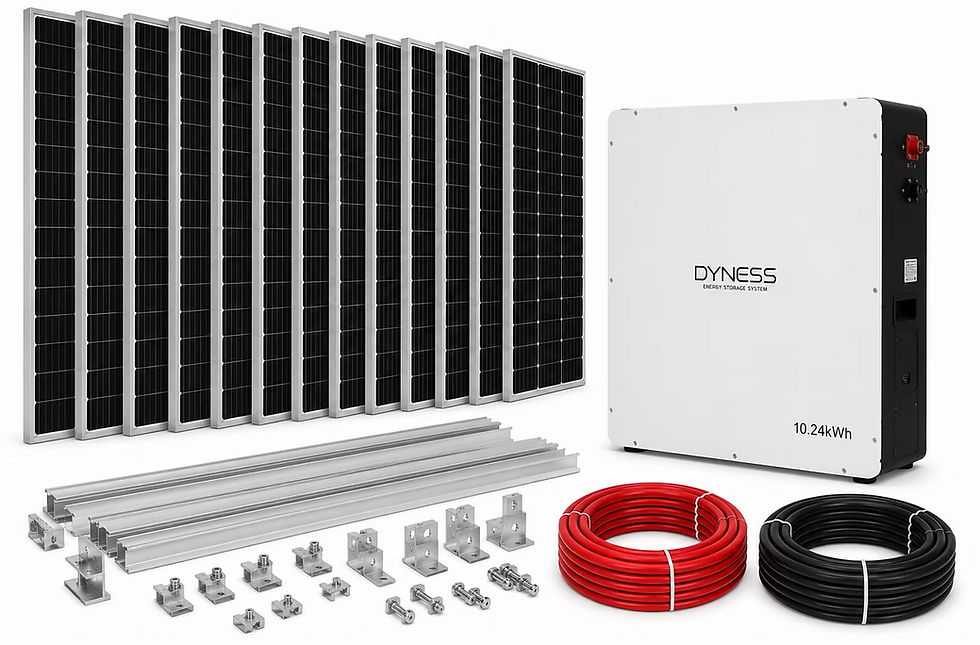 Dyness solar panel kit with battery, cables, and mounts.