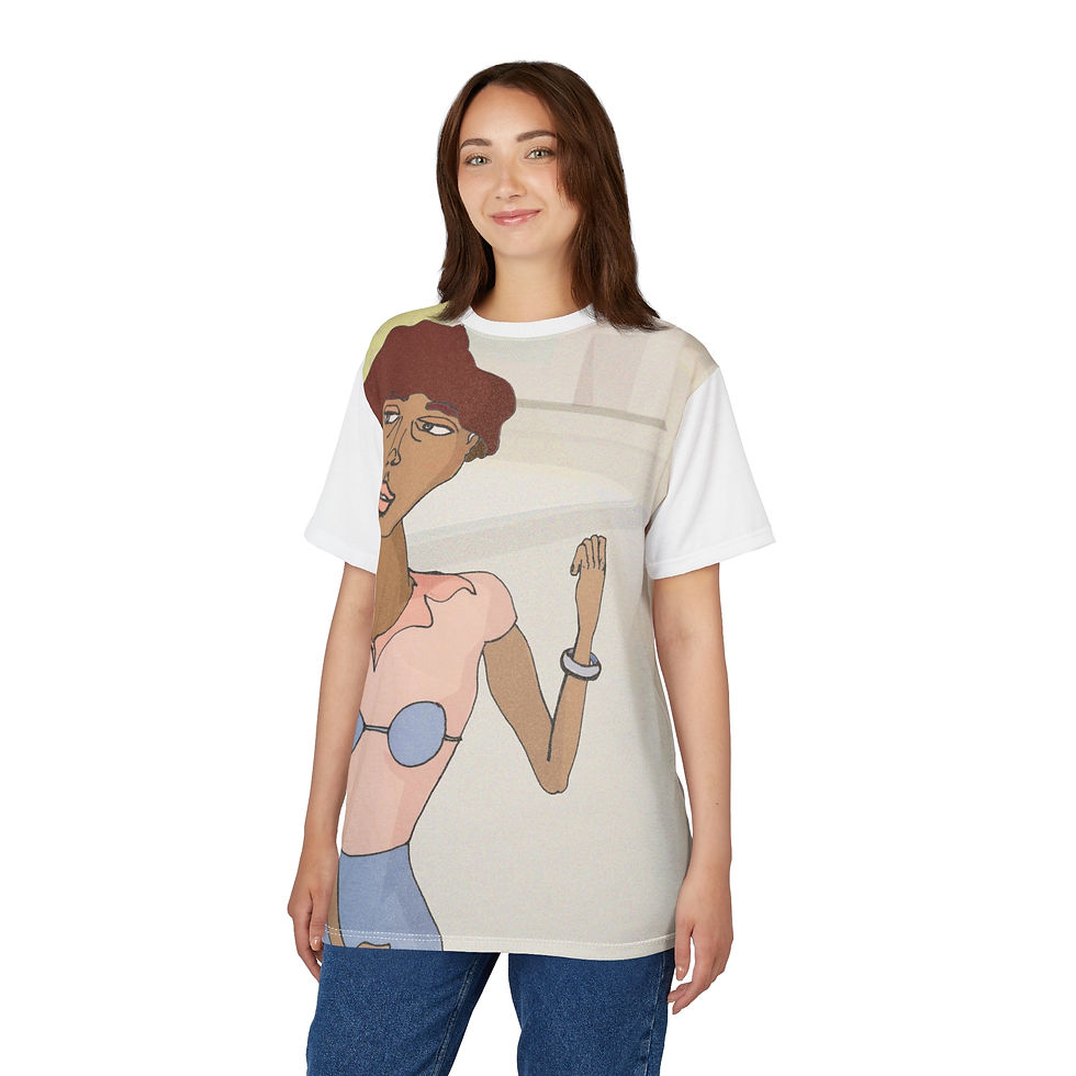 A young woman wearing a Unisex t-shirt featuring a hand-drawn Afro-Latina woman with reddish black hair and expressive pose
