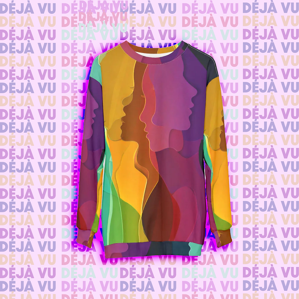 A vibrant, multicolored sweatshirt featuring abstract silhouettes in layered hues of purple, orange, yellow, and green. The background is a repeating pattern of the words "DEJA VU" in soft pastel tones, enhancing the dreamlike and surreal aesthetic of the image.