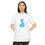 Thumbnail: Woman wearing white Origami Bunny T-Shirt with blue origami bunny graphic, arms at sides.