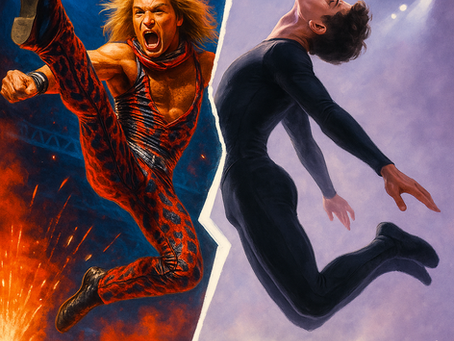 Split-stage portrait of two performers mid-jump: one in red spandex with wild blond hair and an aggressive rock pose, the other in a sleek black outfit, mid-air backflip in a misty purple-lit arena. Lightning bolt divides vintage rock and modern pop crowds.