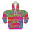 Thumbnail: A vibrant unisex hoodie featuring an all-over psychedelic glitch pattern in neon pink, green, yellow, and blue