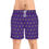Thumbnail: Man wearing purple swim shorts with all-over 8-bit pixel character print and white drawstring.
