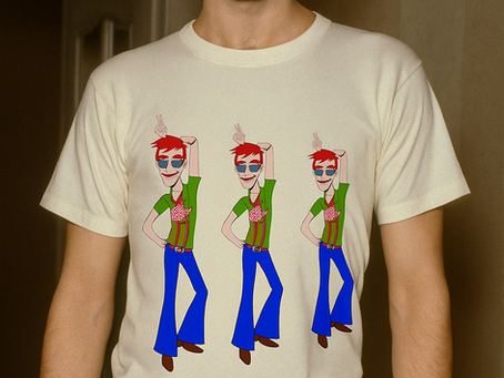Man smiling in a retro-style t-shirt featuring a cartoon disco dancer in blue bell-bottoms and sunglasses, repeated three times.