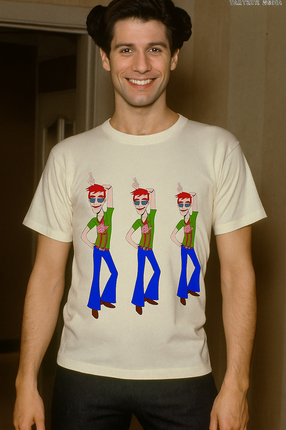Man smiling in a retro-style t-shirt featuring a cartoon disco dancer in blue bell-bottoms and sunglasses, repeated three times.