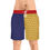 Thumbnail: Man wearing two-tone swim trunks with red waistband, blue left leg, yellow right leg, and pixel parrot pattern.
