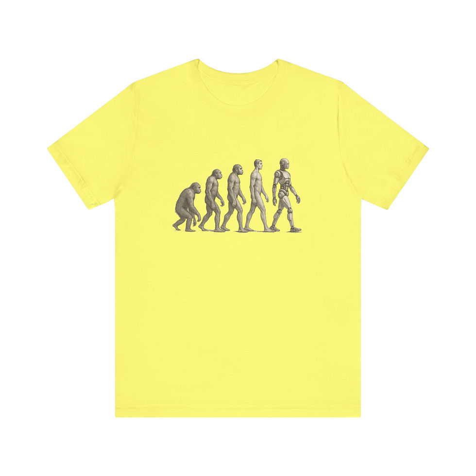 Yellow t-shirt with human evolution graphic from ape to robot