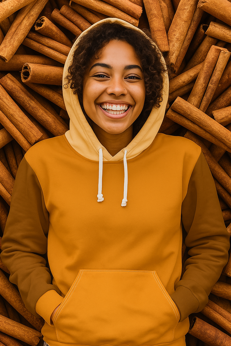 Smiling woman in Cinnamon Unisex Hoodie with brown and tan color blocks standing against a cinnamon stick background