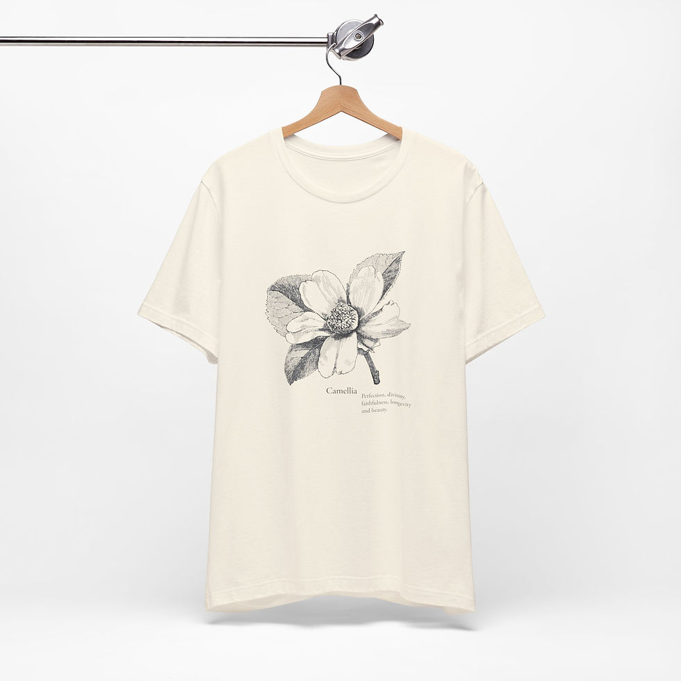 Beige Camellia T-Shirt on hanger with vintage floral illustration