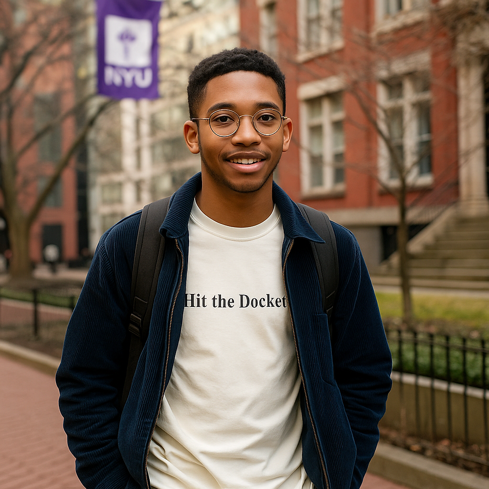 Young man with backpack wearing a cream colored tee that reads “Hit the Docket!”