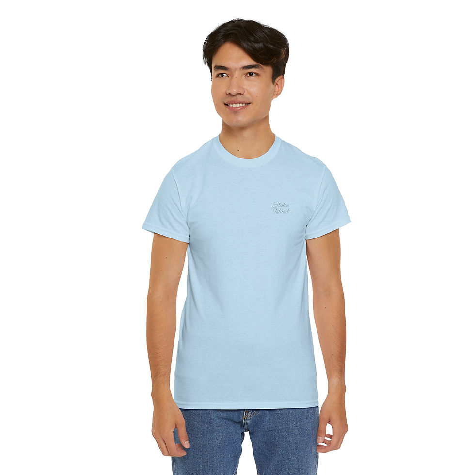 Male model wearing light blue Staten Island T-Shirt, front view.