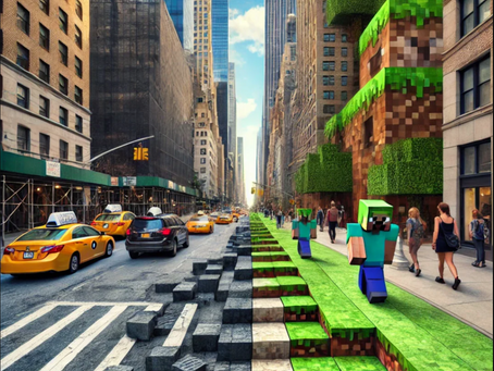 Minecraft-style blocks and characters blend into a real-world New York City street, merging digital and physical environments.