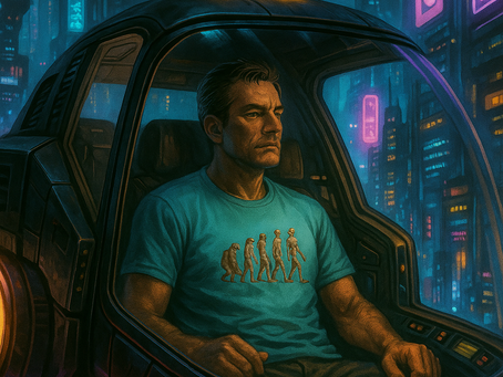 A man in a futuristic flying taxi wears a turquoise t-shirt with an evolution graphic, set against a neon-lit cyberpunk city skyline.