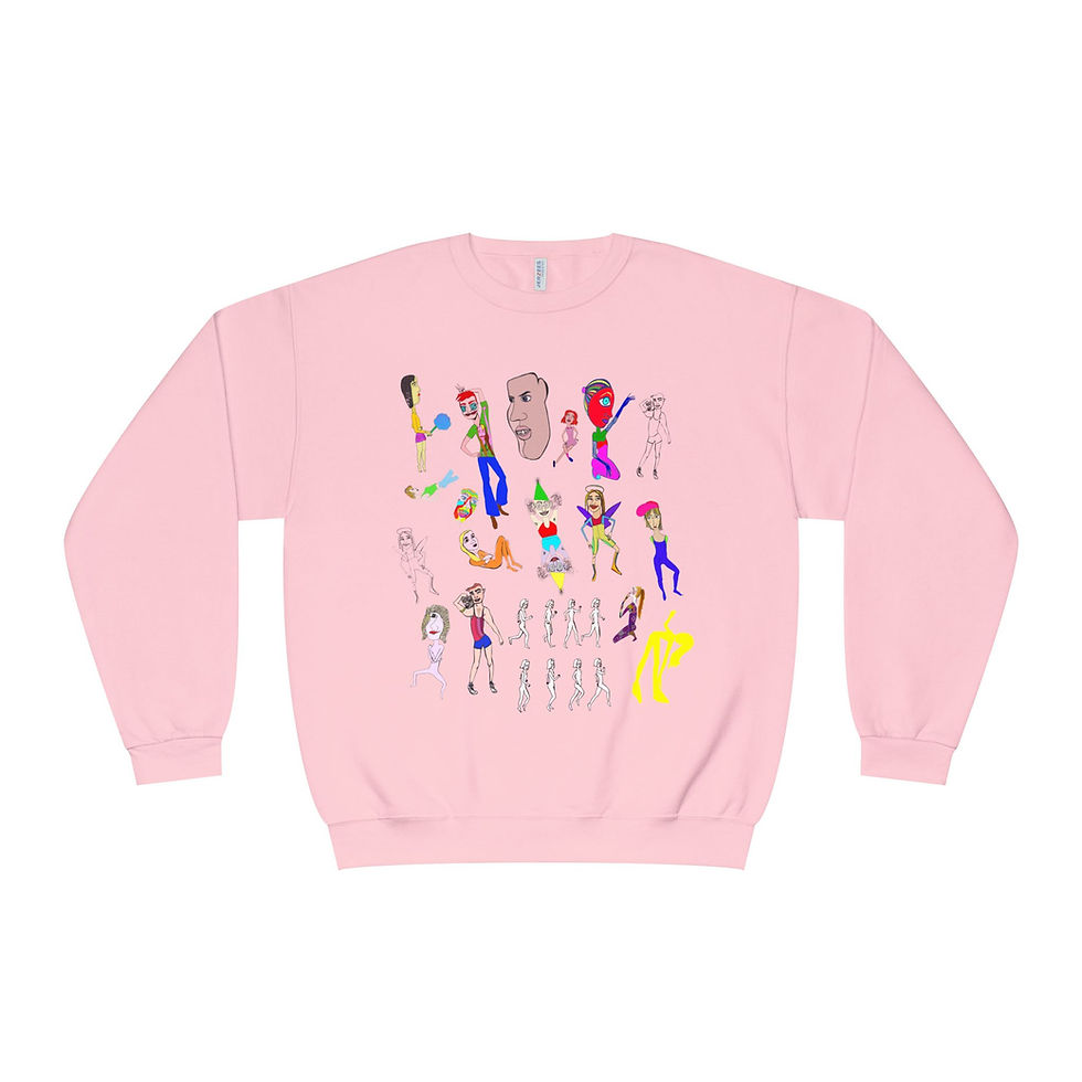 Flat lay of pink Mix Crewneck Sweatshirt with colorful original artwork design