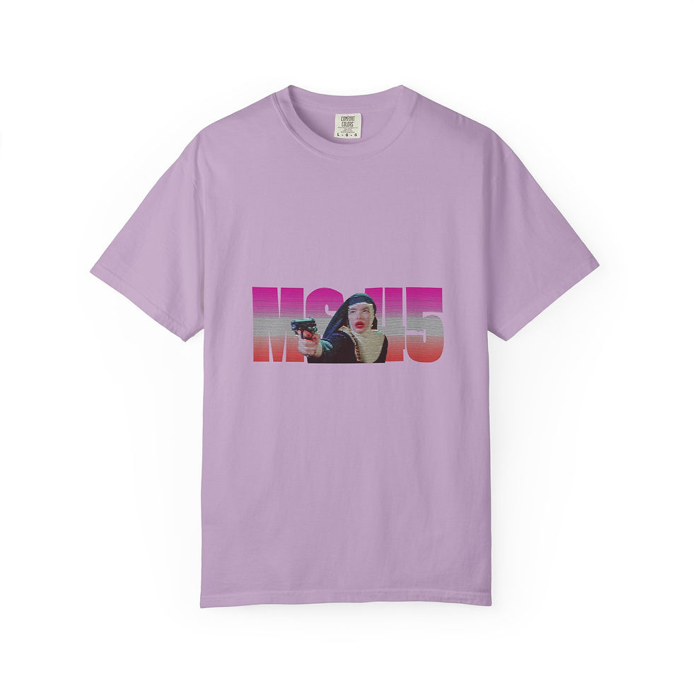Lavender Ms.45 T-Shirt flat lay front view with cult film graphic