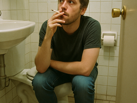 Young man sitting on a toilet in a small tiled bathroom, holding a lit cigarette, smoke rising, expression thoughtful and tired