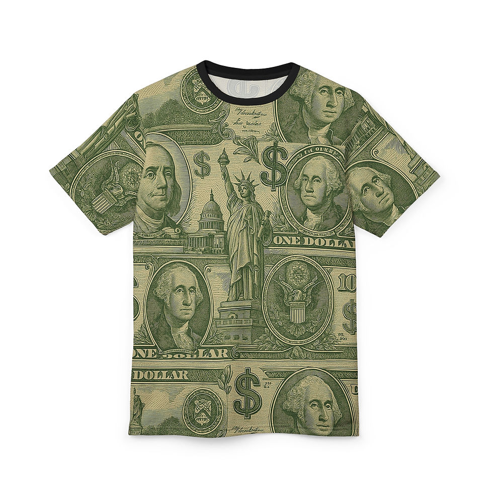 Flat lay of Dollar T-Shirt, front side showing full dollar bill print