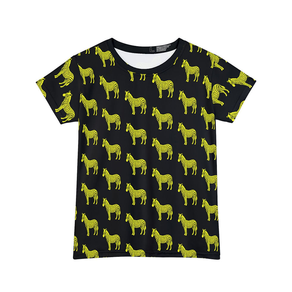Yellow Zebra Women's T-Shirt flat lay front view with bold neon zebra design on black fabric.