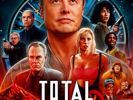 A reimagined movie poster for Total Recall featuring Elon Musk at the center, surrounded by characters and futuristic imagery inspired by the original film.