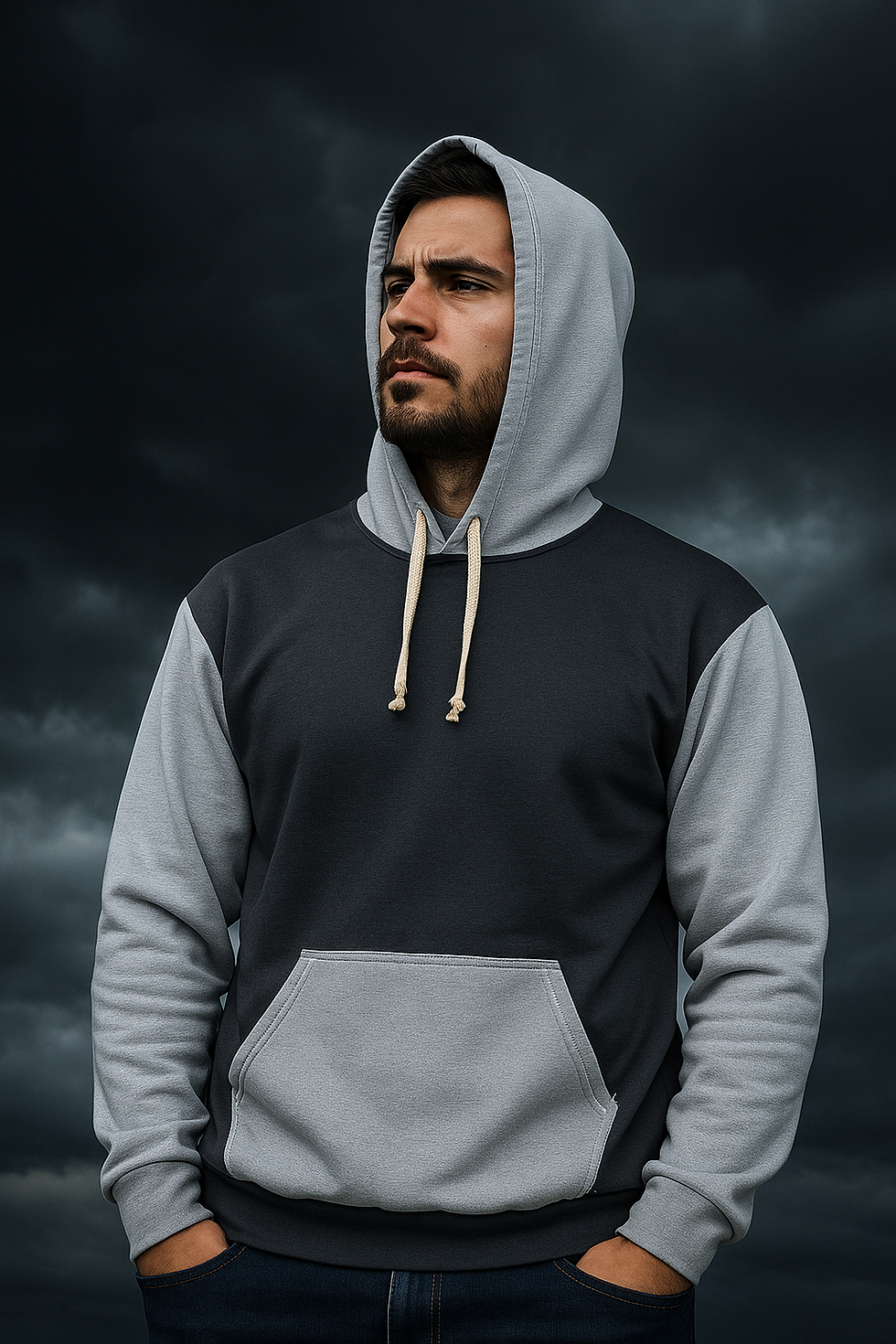 Man wearing Storm Unisex Hoodie in shades of grey blocks standing with dramatic stormy clouds in the background