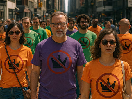 Diverse group of people wearing anti-monarchy T-shirts with crossed-out crown symbol, marching through a city street and skyscrapers