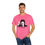 Thumbnail: Man modeling pink Uh Oh Hot Dog T-shirt, smiling with hands in pockets.