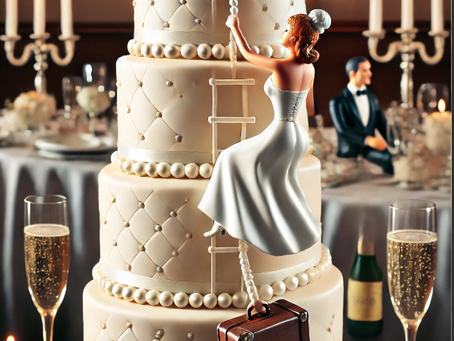 Decorative bride figurine escaping down the side of a tall wedding cake using a pearl rope, holding a suitcase, with the groom topper left behind.