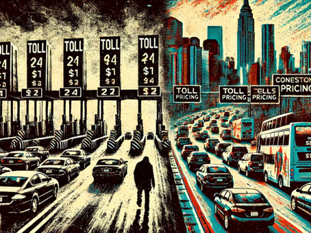 A split scene of toll booths and congested city roads with pricing signs, illustrating the impact of tolls and congestion pricing in America.