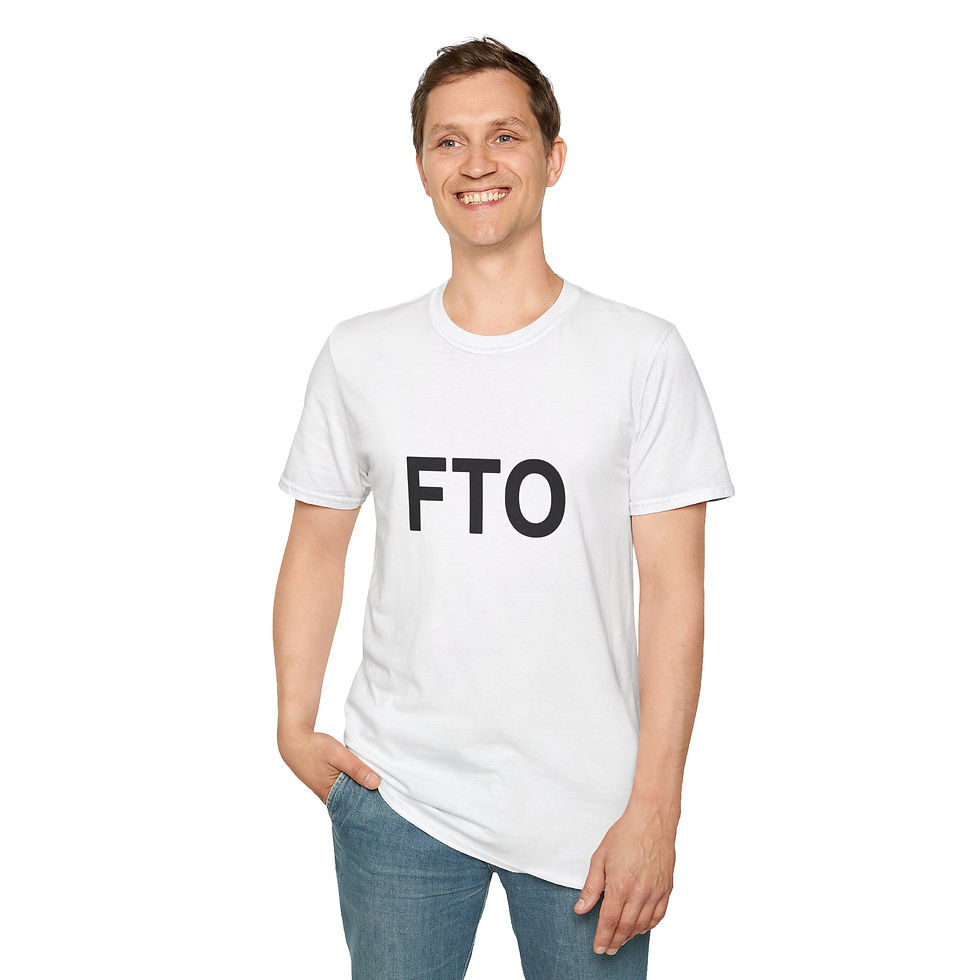 Model wearing white FTO T-Shirt smiling and standing