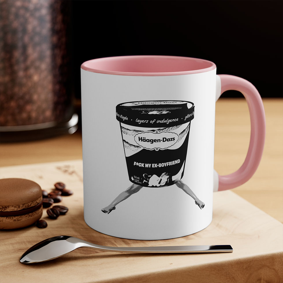 Pink-handled F*ck My Ex-Boyfriend Coffee Mug on table with spoon and macaron
