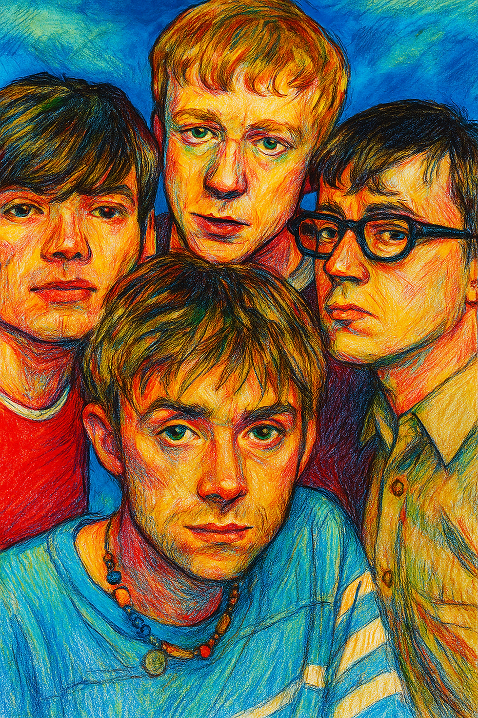 Colorful portrait illustration of Blur, the Britpop band, showing Damon Albarn with bandmates Graham Coxon, Alex James, and Dave Rowntree