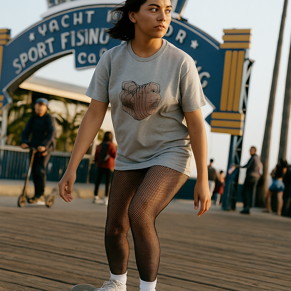 Young woman skating on boardwalk wearing gray Charlie Unisex Deluxe T-Shirt with black line face design