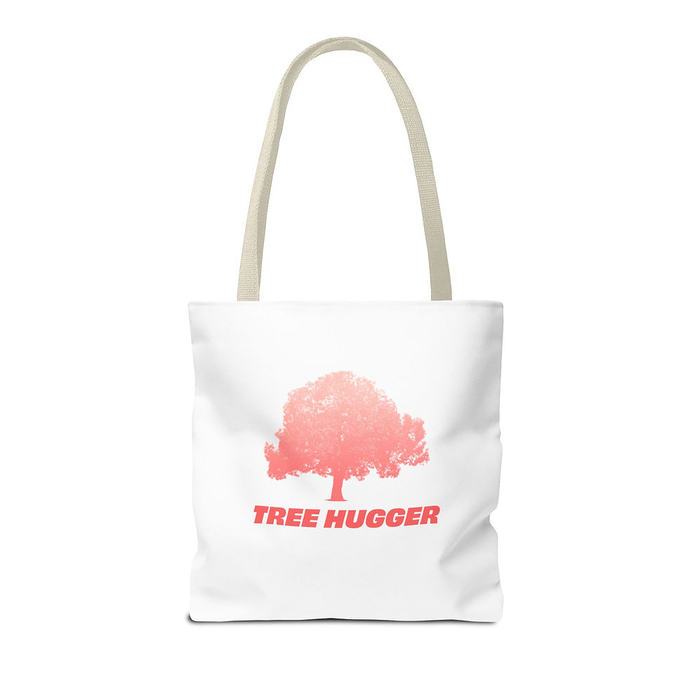 Tree Hugger Tote Bag front view with red tree graphic
