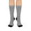 Thumbnail: Pair of grey Proudly Childless crew socks with black accents shown on legs standing straight